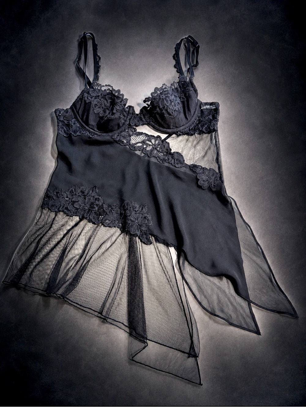 Victorias Secret black silk negligee sexy nightgown floral lace sheer cutout